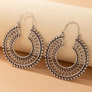 Bohemian Southwestern Round Spiral Aged Silver Drop Earrings NEW